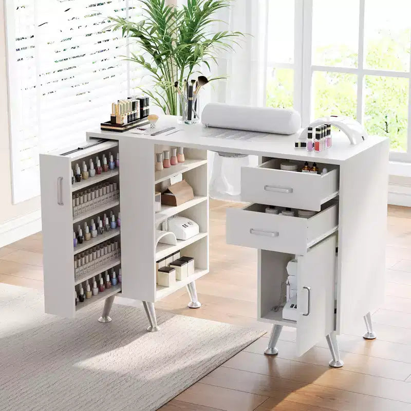 Table de manucure GustoWave de 42,5 po avec repose-poignet et aspirateur de poussière, bureau à ongles avec casier coulissant vertical, blanc