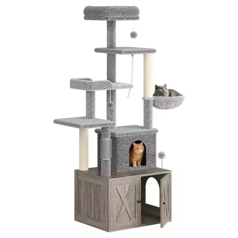 Arbre à chat et tour d'activité moderne 2-en-1 avec cache-litière, meuble pour chat tout-en-un, maison en bois avec espace litière caché pour chaton, avec hamac et poteaux à griffer