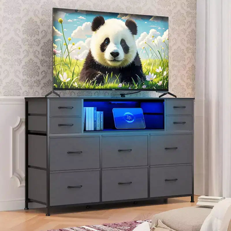 Commode de rangement à 10 tiroirs avec support TV, bande lumineuse LED et prises électriques, commode en tissu avec plateau en bois, meuble TV pour téléviseur de 55 pouces, commode de rangement