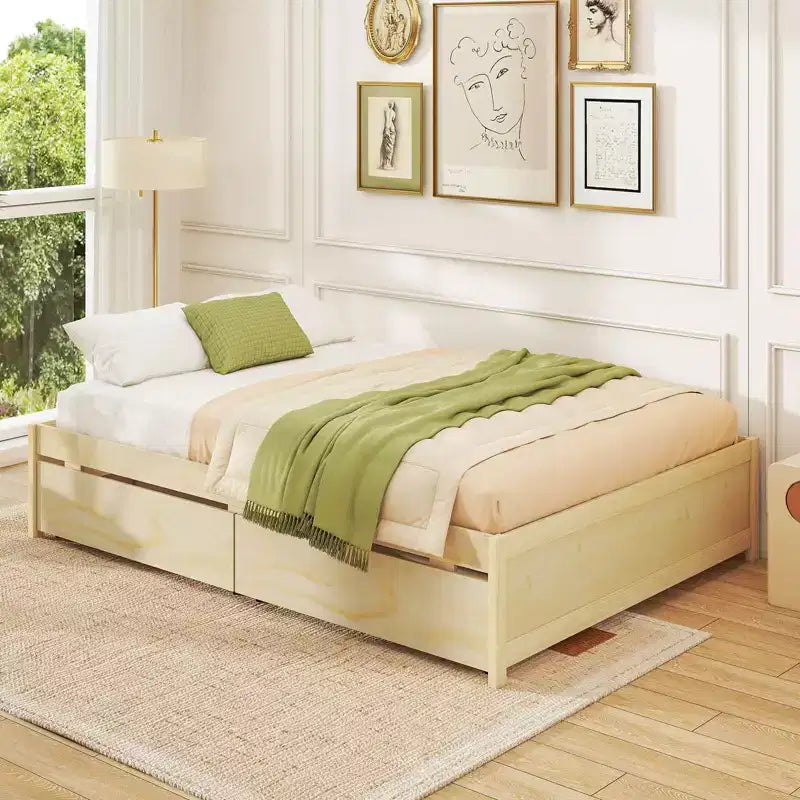 Lit plateforme en bois Costway, pleine/double, avec 2 tiroirs de rangement roulants, support à lattes en bois, naturel/blanc