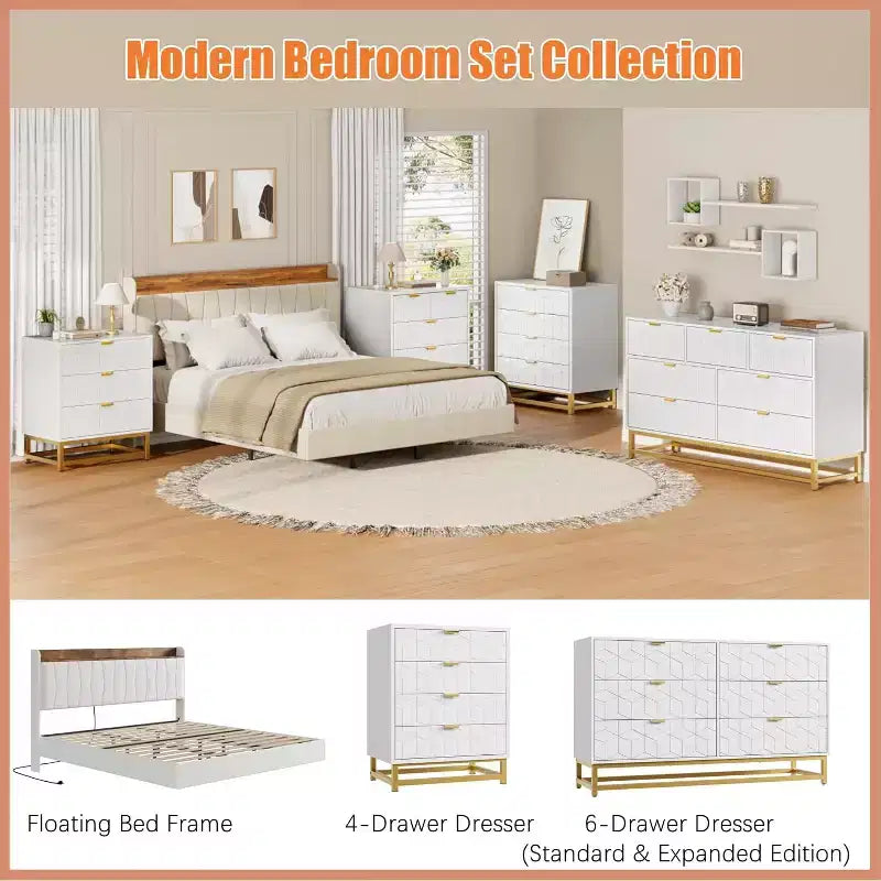 Commode Blanche à 6 Tiroirs DobleePy avec Pieds en Métal Doré, Grande Commode de Rangement de 136 cm de Large pour Chambre, Salon, Entrée