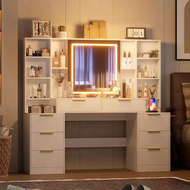 Coiffeuse de maquillage de 150 cm avec miroir éclairé, 8 tiroirs, étagères ouvertes pour chambres de filles, éclairage dimmable, design peu encombrant