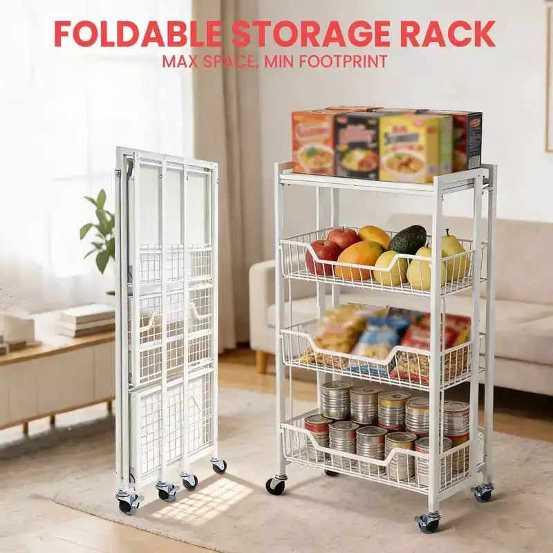 Chariot de Rangement de Cuisine Pliable à 3 Niveaux, Cadre et Étagères en Fer, Organisateur de Garde-Manger Gain de Place pour Fruits, Collations, Chariot de Service avec Roulettes Verrouillables
