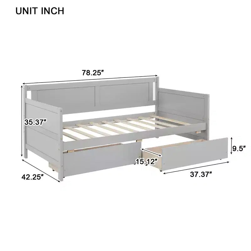 Lit de repos double avec deux tiroirs de rangement, Lit plateforme en bois avec rangement pour chambre à coucher