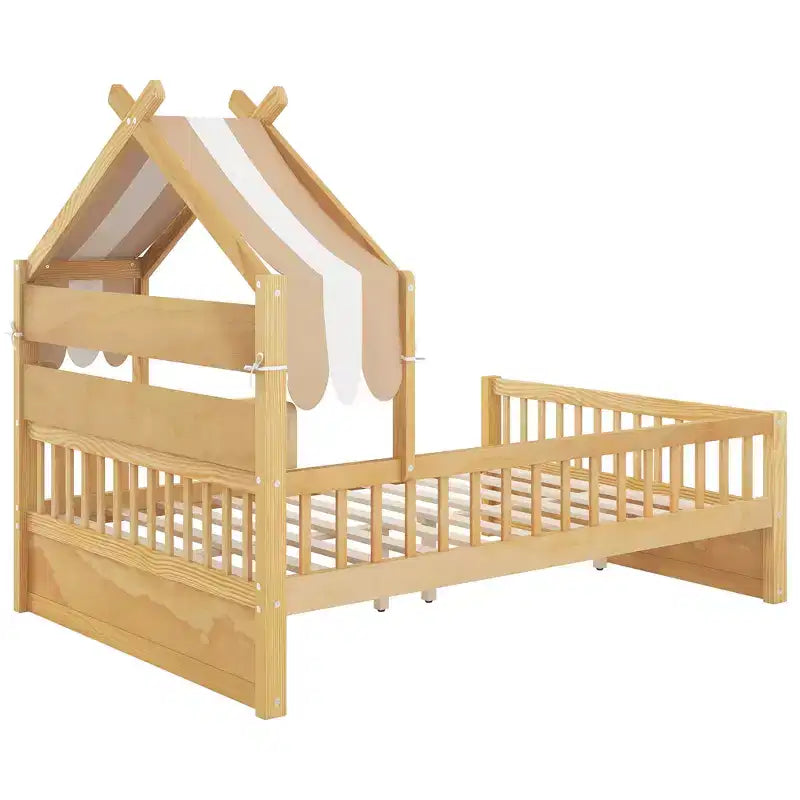 Lit cabane en bois ModernLuxe (taille lit simple/double) avec tête de lit de rangement, cadre de lit pour enfants en pin massif avec barrières de sécurité