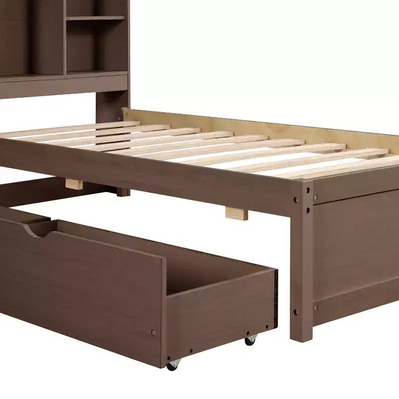 Bellemave Lit plateforme jumeau avec tête de lit bibliothèque et 2 tiroirs de rangement, lit plateforme en panneau de particules avec port de chargement USB