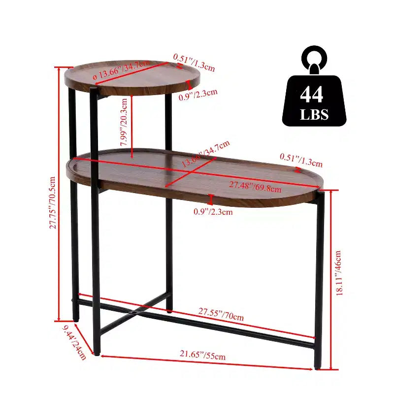 Petite table basse à 2 niveaux Noyer Marron, Étagère de rangement en bois Cadre en métal Table d'appoint pour canapé de salon