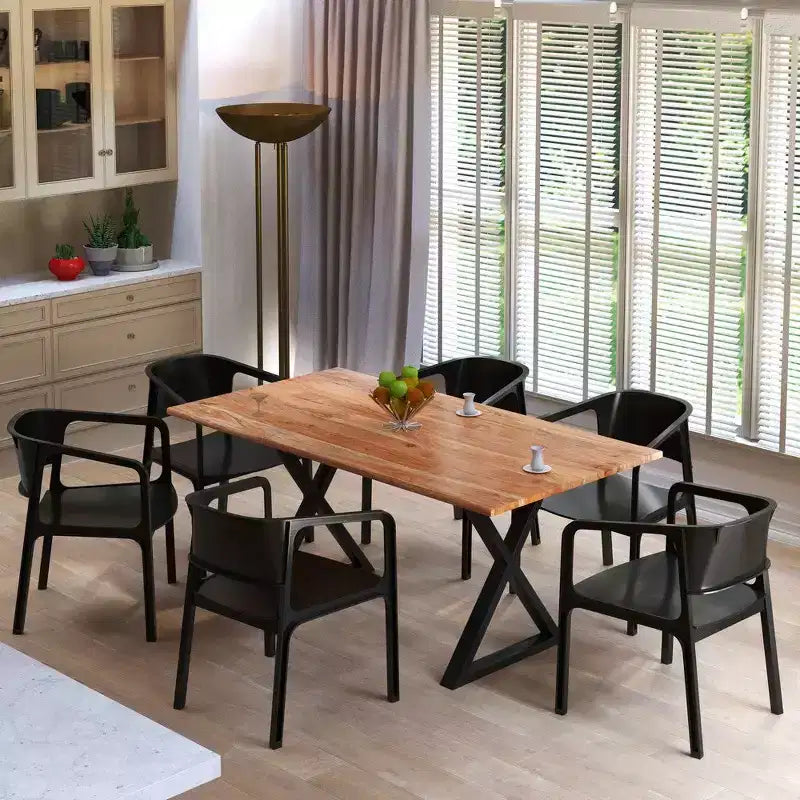 Table à manger rectangulaire Royal Hampton de 67 pouces avec pieds en métal croisés et plateau en bois d'acacia aspect bois naturel
