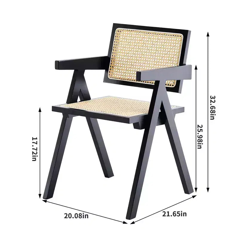 Lot de 2 chaises de salle à manger Okak en bois massif, chaises de salle à manger avec dossier en rotin et accoudoirs, chaises d'appoint de cuisine simples pour table de salon