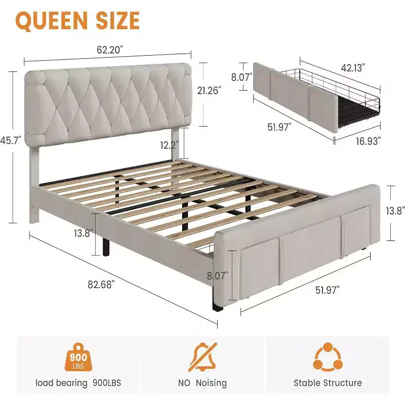 Cadre de lit plateforme capitonné beige DobleePy avec tiroirs de rangement, support à lattes en bois, pas besoin de sommier, assemblage facile
