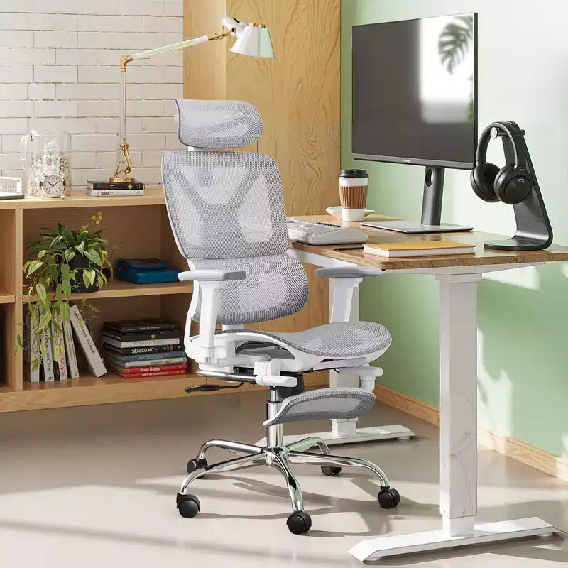 Chaise de bureau ergonomique en maille GALAXHERO, chaise pivotante inclinable à dossier haut et robuste, chaise de maison avec support lombaire, vérin à gaz SGS classe 4, blanc