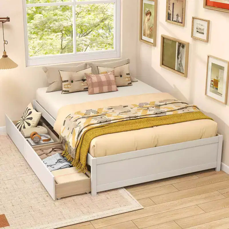 Lit plateforme en bois Costway, pleine/double, avec 2 tiroirs de rangement roulants, support à lattes en bois, naturel/blanc