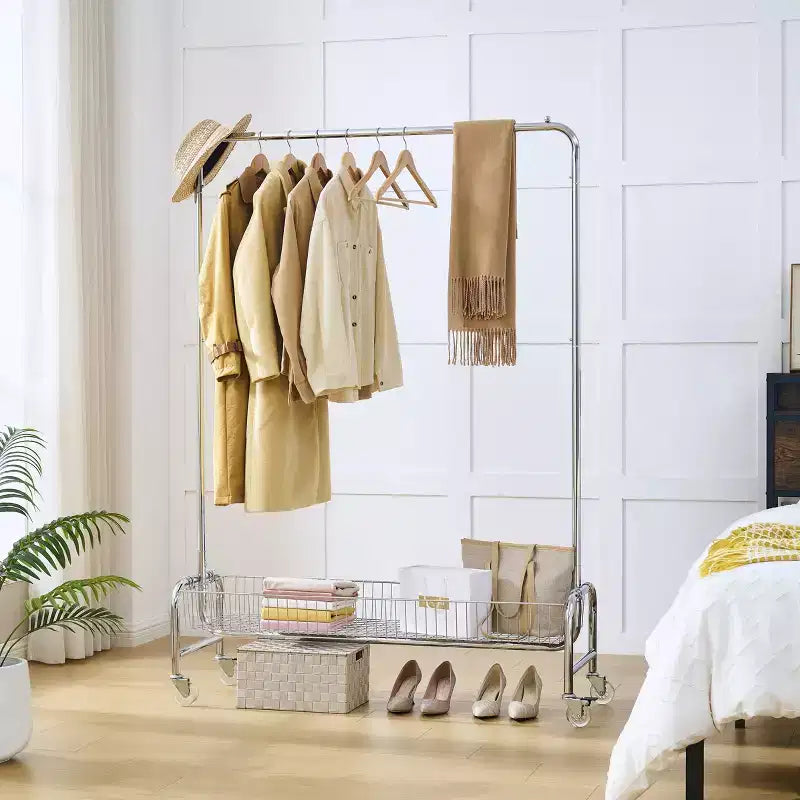 VIYET 67 800LBS Portant à vêtements avec panier de rangement, portant à vêtements roulant en fer robuste (2 pièces/carton, cintre pliable portable)