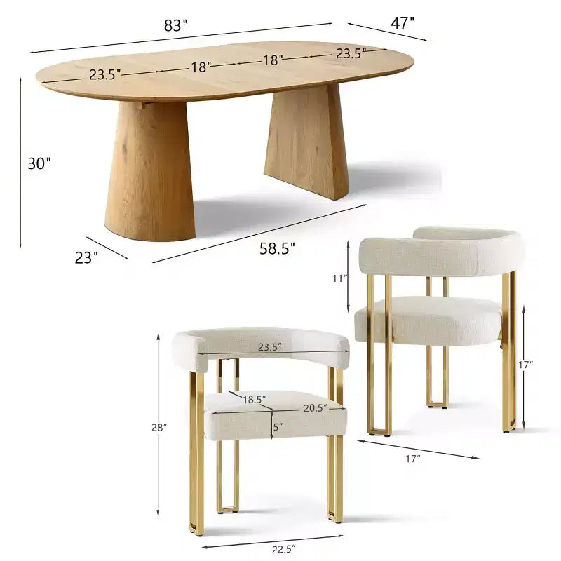 Ensemble table à manger ronde extensible en ovale avec 4 fauteuils en velours, design piédestal moderne, jusqu'à 8 personnes - Panipeachy