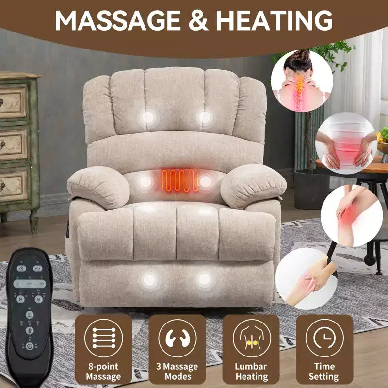 CLIHOME Fauteuil inclinable électrique releveur en chenille grande taille, largeur d'assise 23 pouces et dossier haut, avec massage vibrant 8 points et chauffage lombaire