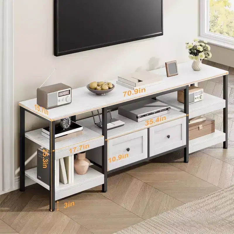 Meuble TV rustique de 180 cm avec rangement - Pour téléviseurs jusqu'à 75 pouces, 2 tiroirs et étagères ouvertes, meuble TV de style industriel avec cadre en métal