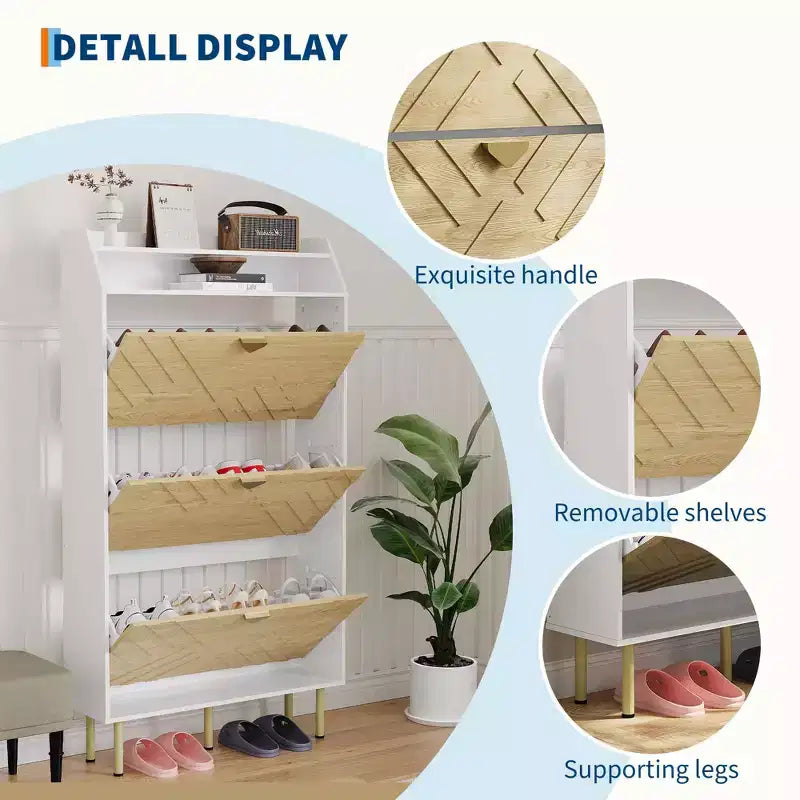 Meuble à chaussures étroit à 3 tiroirs, Organisateur de rangement compact avec étagères réglables, Meuble d'entrée autoportant