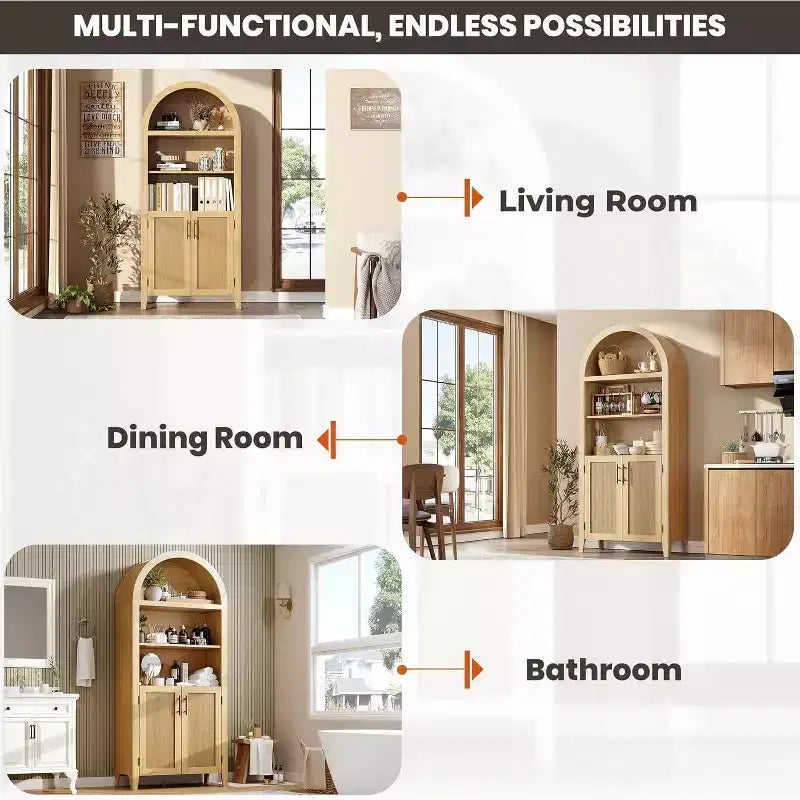 Étagère ouverte à 5 niveaux avec décor en rotin, armoire de rangement de style ferme, armoire de rangement de cuisine arquée, pour la maison, le bureau, le salon