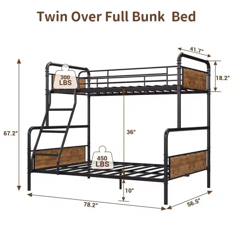 Lit superposé double avec lit inférieur double et barrière de sécurité haute, lits superposés convertibles en métal de taille double pour enfants/adolescents, montage facile, aucun sommier tapissier requis
