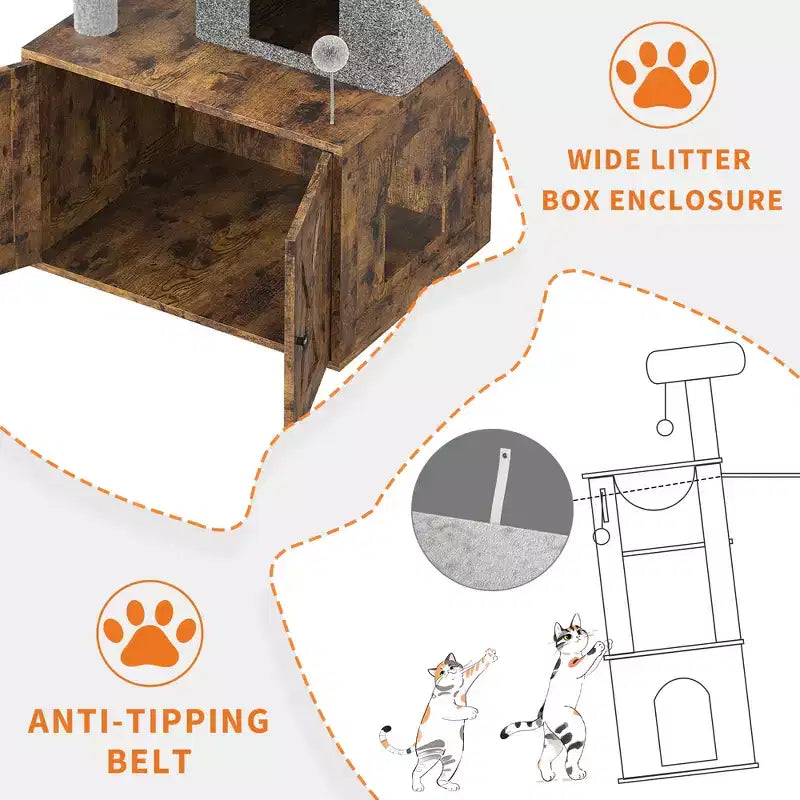 Arbre à chat et tour d'activité moderne 2-en-1 avec cache-litière, meuble pour chat tout-en-un, maison en bois avec espace litière caché pour chaton, avec hamac et poteaux à griffer