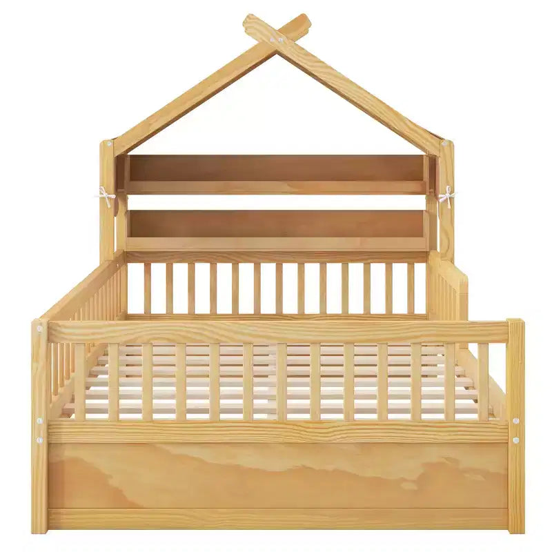 Lit cabane en bois ModernLuxe (taille lit simple/double) avec tête de lit de rangement, cadre de lit pour enfants en pin massif avec barrières de sécurité