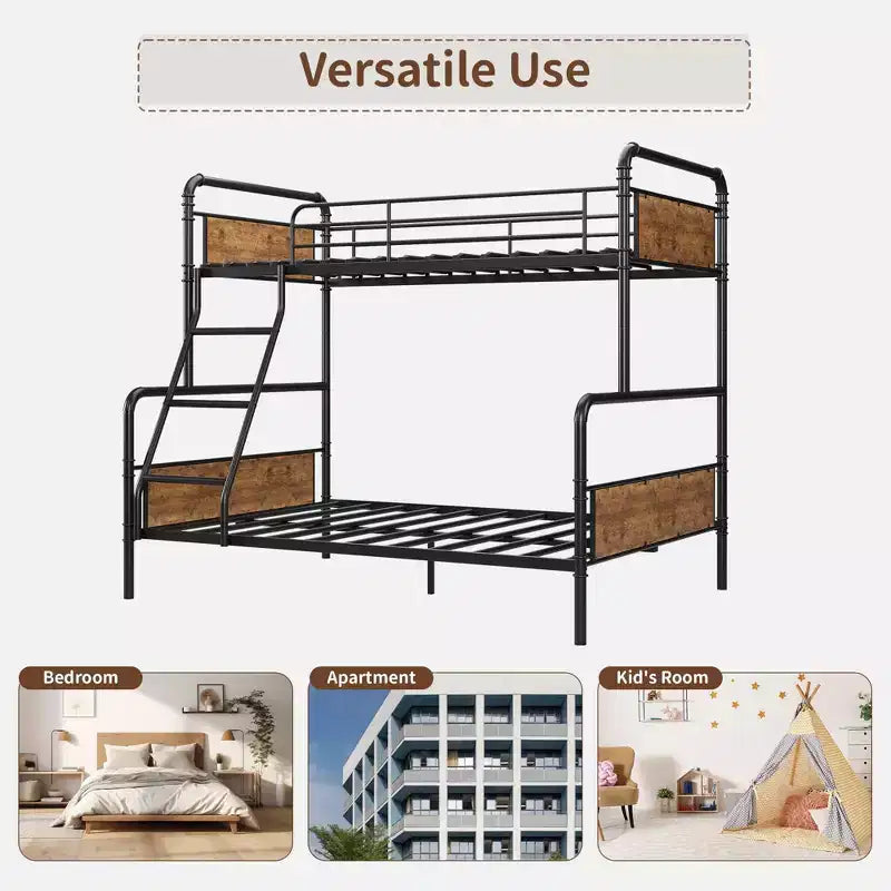 Lit superposé double avec lit inférieur double et barrière de sécurité haute, lits superposés convertibles en métal de taille double pour enfants/adolescents, montage facile, aucun sommier tapissier requis