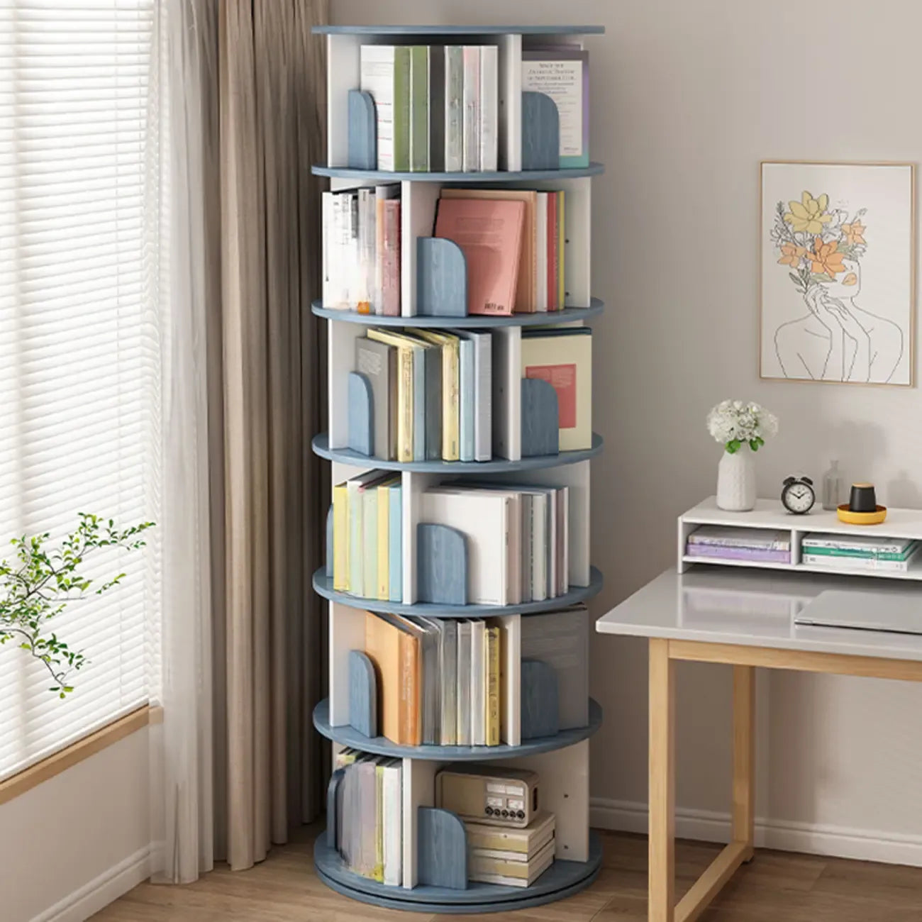Bibliothèque cylindrique en bois brun à dos ouvert et rotative