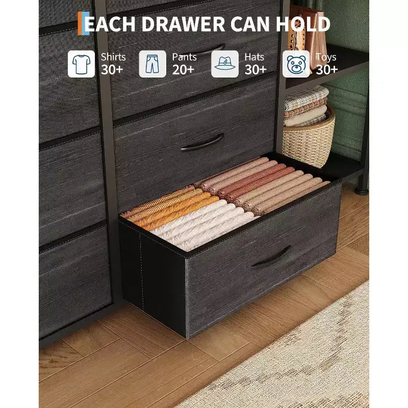 Commode de rangement avec 16 tiroirs, tringle à vêtements et étagères, organisateur de rangement en tissu pour chambre à coucher, placard ou entrée