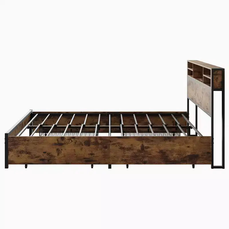 MAYEERTY Lit Plateforme Marron en Métal Taille Queen avec Cadre 4 Tiroirs de Rangement Tête de Lit en Bois Station de Recharge Pas de Sommier Tapissier Sans Bruit Assemblage Facile