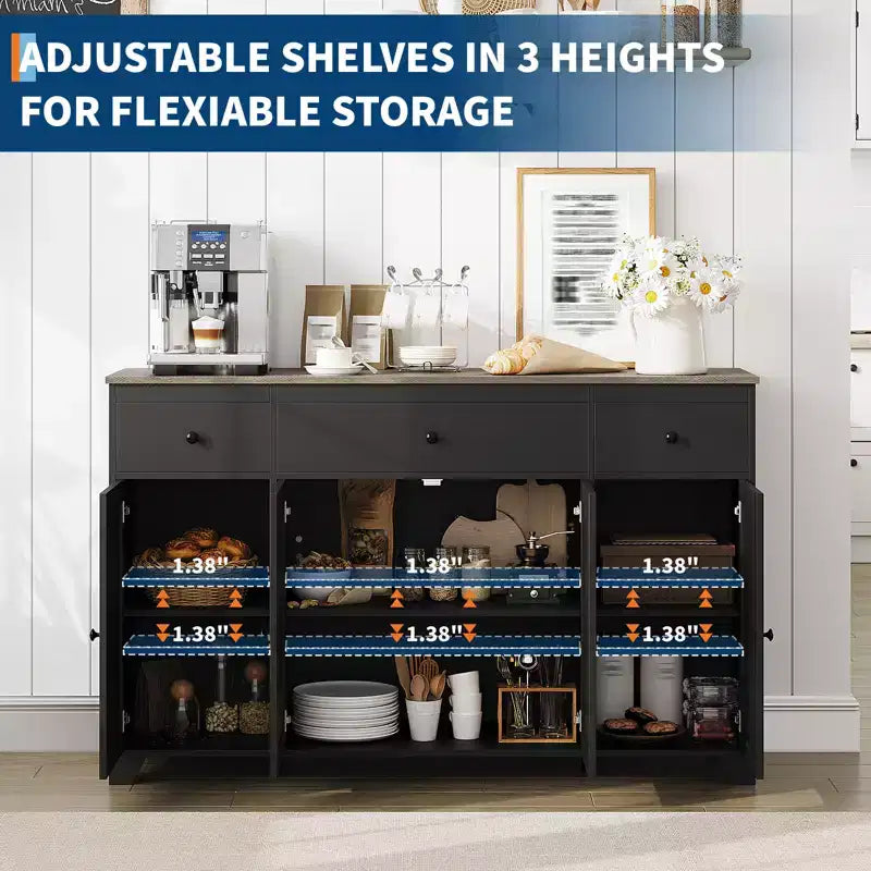 1 Buffet en aggloméré 15 mm E1 avec 4 portes et 3 tiroirs pour salle à manger, doté d'une construction durable, d'un rangement spacieux, d'un design élégant et d'un assemblage facile
