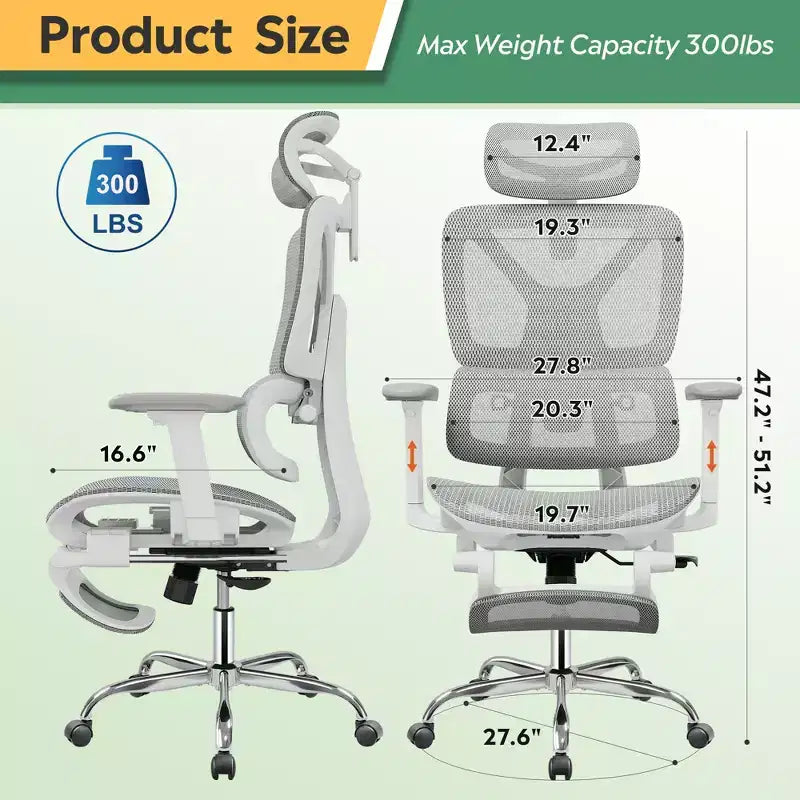 Chaise de bureau ergonomique en maille GALAXHERO, chaise pivotante inclinable à dossier haut et robuste, chaise de maison avec support lombaire, vérin à gaz SGS classe 4, blanc
