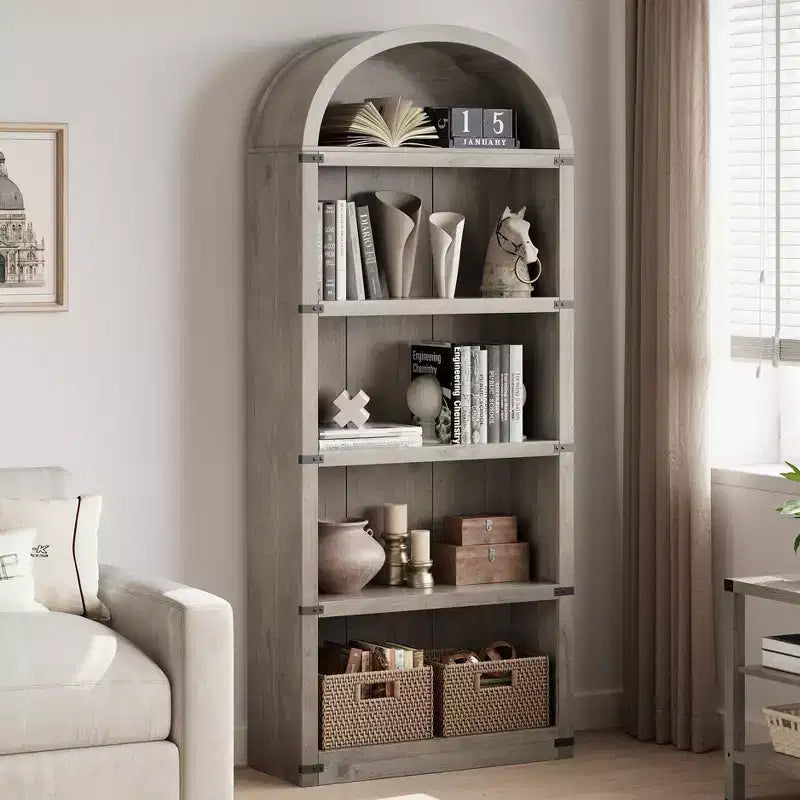 GustoWave Bibliothèque Haute de 181,96 cm, Étagère Murale Arched Style Ferme, Rangement d'Exposition, Étagères en Bois, Blanc/Gris