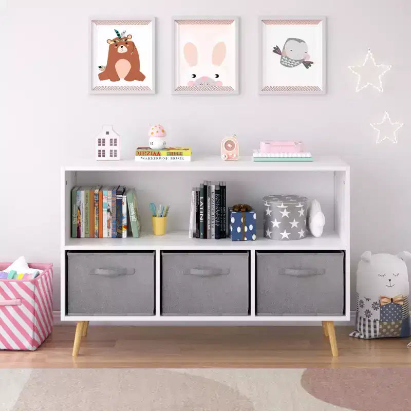 Commode de chambre Okak avec 3 tiroirs en tissu pliable, grand placard de rangement pour jouets, étagère à livres pour enfants pour couloir et chambre d'enfant
