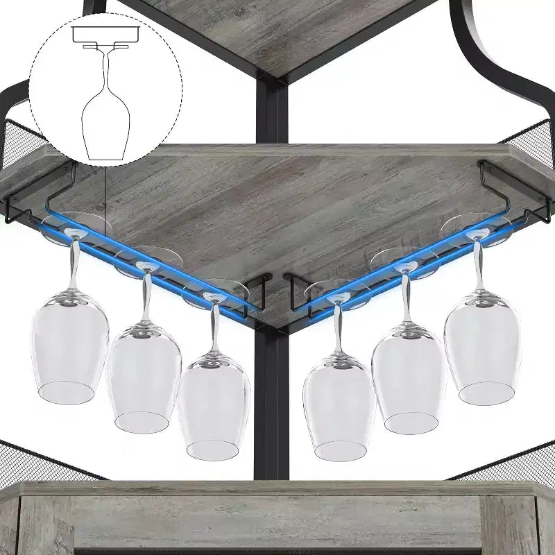 Meuble de bar d'angle CuisinSmart avec casier à vin amovible, meuble de bar avec porte-verres, petit buffet et armoire de rangement avec porte grillagée