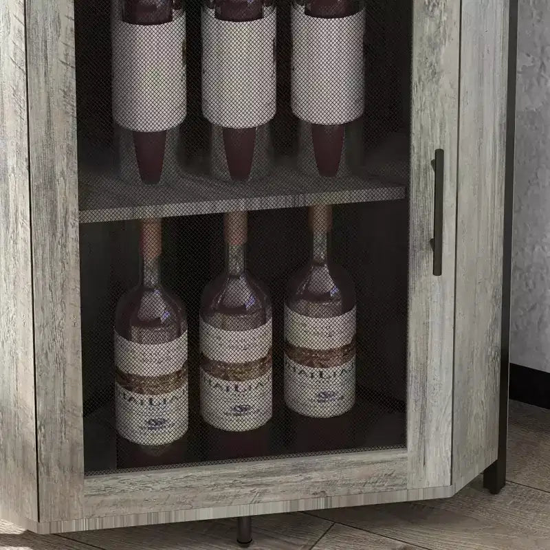 Meuble de bar d'angle CuisinSmart avec casier à vin amovible, meuble de bar avec porte-verres, petit buffet et armoire de rangement avec porte grillagée