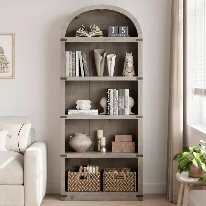 GustoWave Bibliothèque Haute de 181,96 cm, Étagère Murale Arched Style Ferme, Rangement d'Exposition, Étagères en Bois, Blanc/Gris