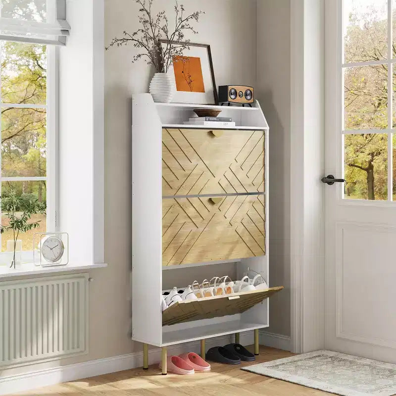 Meuble à chaussures étroit à 3 tiroirs, Organisateur de rangement compact avec étagères réglables, Meuble d'entrée autoportant