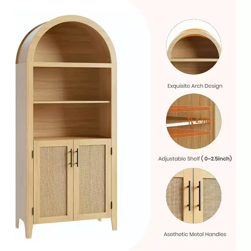 Étagère ouverte à 5 niveaux avec décor en rotin, armoire de rangement de style ferme, armoire de rangement de cuisine arquée, pour la maison, le bureau, le salon