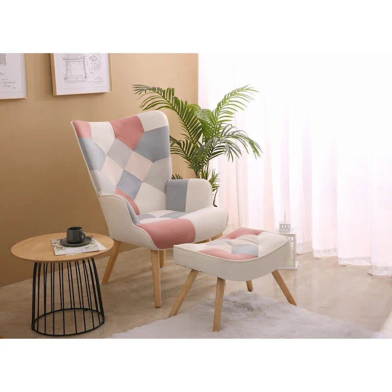 Fauteuil d'appoint avec pouf, ensemble fauteuil et pouf de salon, fauteuil d'appoint confortable pour chambre à coucher, surface en tissu à épissures créatives