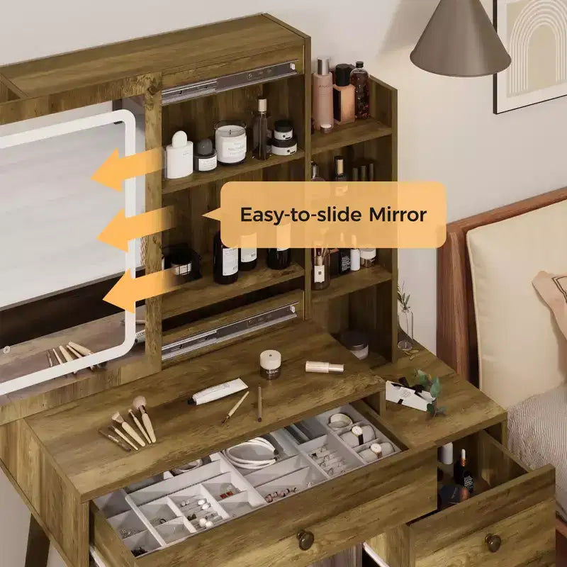 Coiffeuse avec miroir lumineux, table de maquillage Hollywood 3 couleurs dimmable avec 4 tiroirs