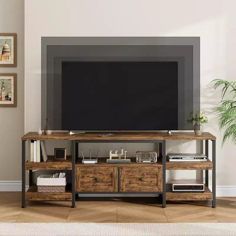 Meuble TV rustique de 180 cm avec rangement - Pour téléviseurs jusqu'à 75 pouces, 2 tiroirs et étagères ouvertes, meuble TV de style industriel avec cadre en métal