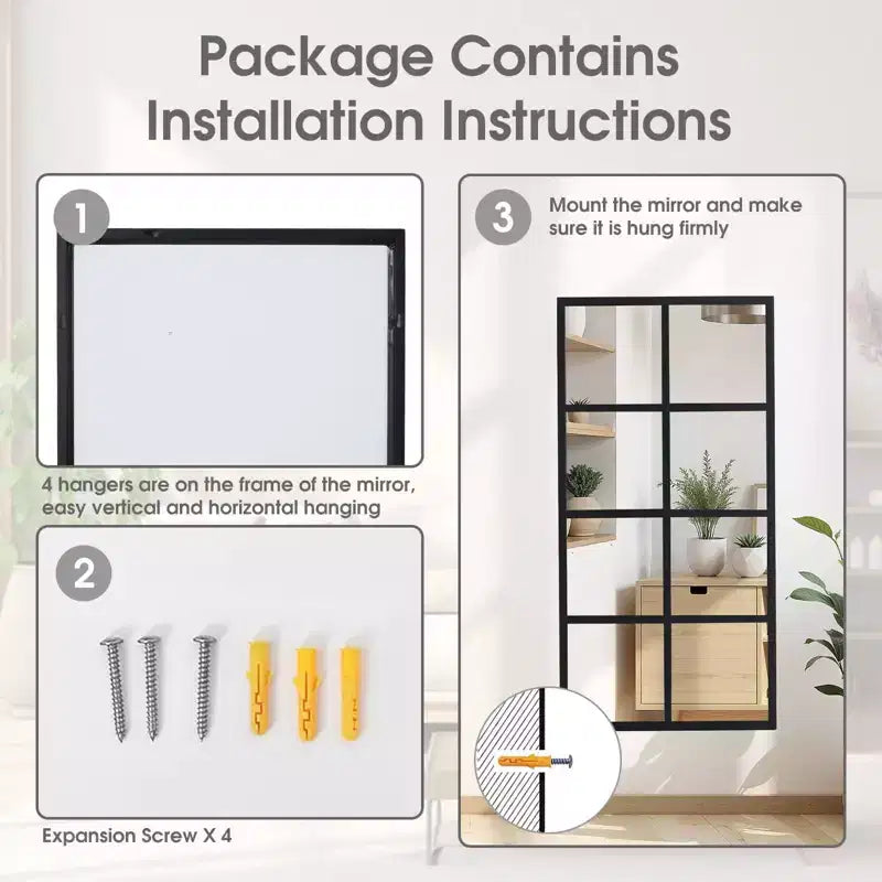 Miroir mural minimaliste JIONJOY avec cadre en métal noir, miroir décoratif de style fenêtre, miroir d'entrée incassable