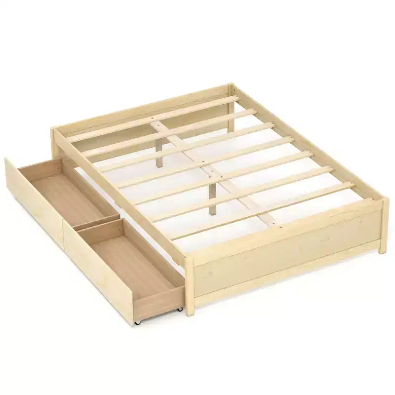 Lit plateforme en bois Costway, pleine/double, avec 2 tiroirs de rangement roulants, support à lattes en bois, naturel/blanc