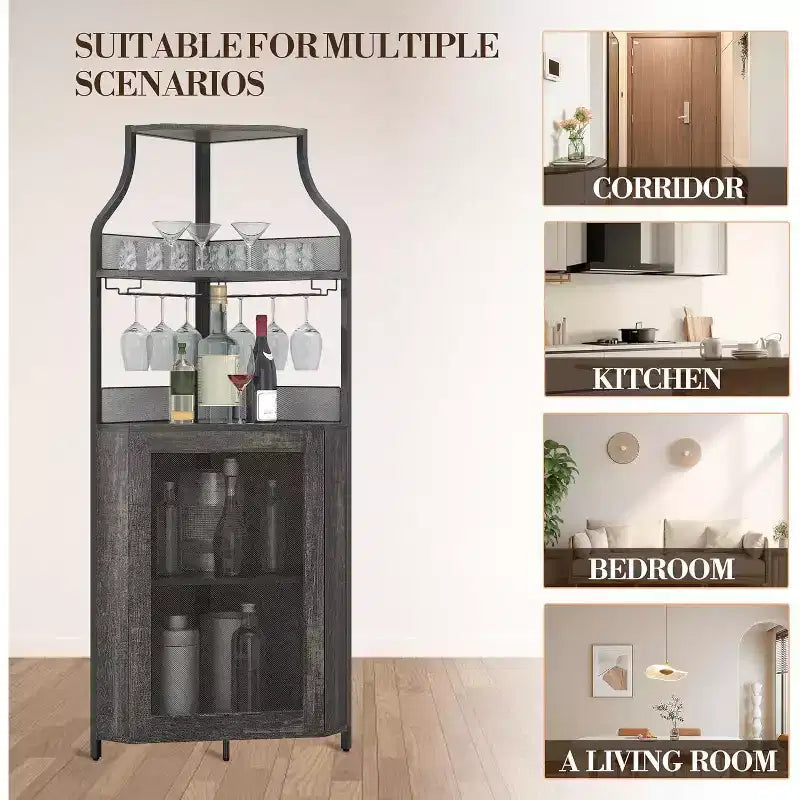 Meuble de bar d'angle CuisinSmart avec casier à vin amovible, meuble de bar avec porte-verres, petit buffet et armoire de rangement avec porte grillagée