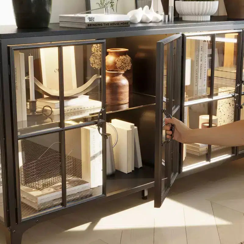 Bibliothèque en verre Famapy, vitrine, armoire de rangement, buffet avec cadre en métal et lumière LED pour salle à manger