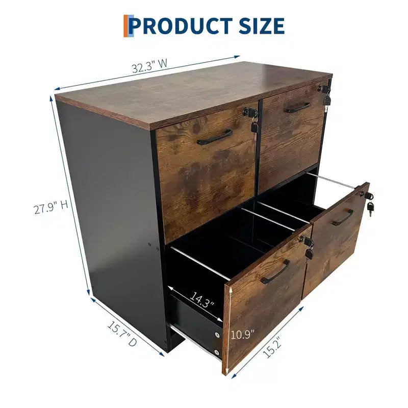 COZONY Meuble Classeur en Bois à 4 Tiroirs, Rangement Vertical Verrouillable pour A4/Lettre, Marron Rustique et Noir