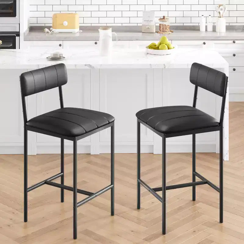 Lot de 2 tabourets de bar en cuir PU et métal, chaises de bar rembourrées avec repose-pieds, lot de chaises de salle à manger pour petit espace, appartement, noir