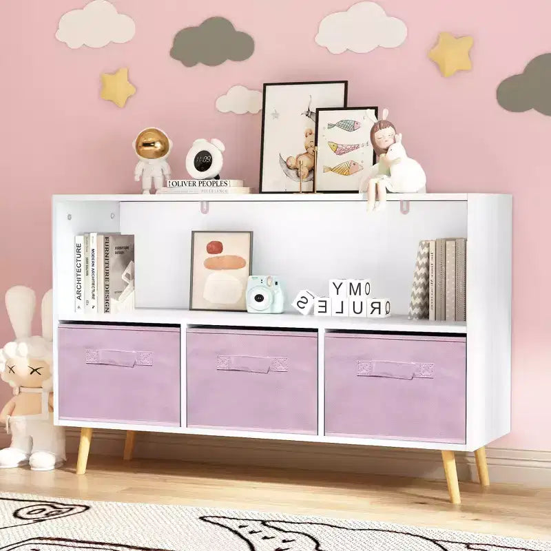 Commode de chambre Okak avec 3 tiroirs en tissu pliable, grand placard de rangement pour jouets, étagère à livres pour enfants pour couloir et chambre d'enfant