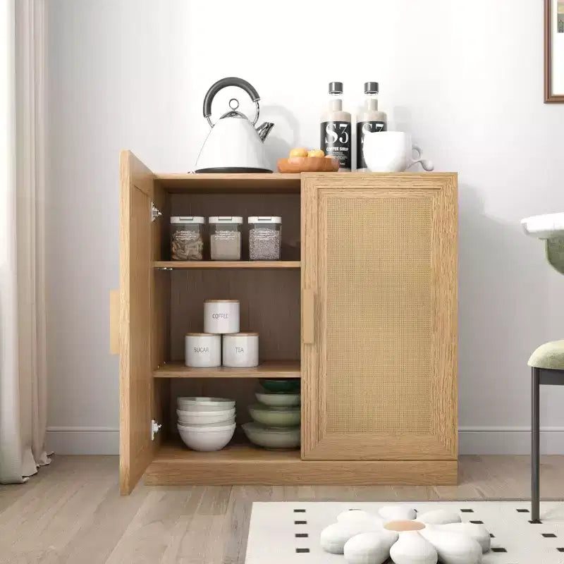 1 meuble de rangement en grain de bois noir (porte en osier), meuble de rangement décoratif
