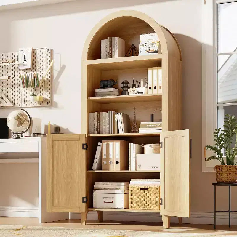 Étagère ouverte à 5 niveaux avec décor en rotin, armoire de rangement de style ferme, armoire de rangement de cuisine arquée, pour la maison, le bureau, le salon